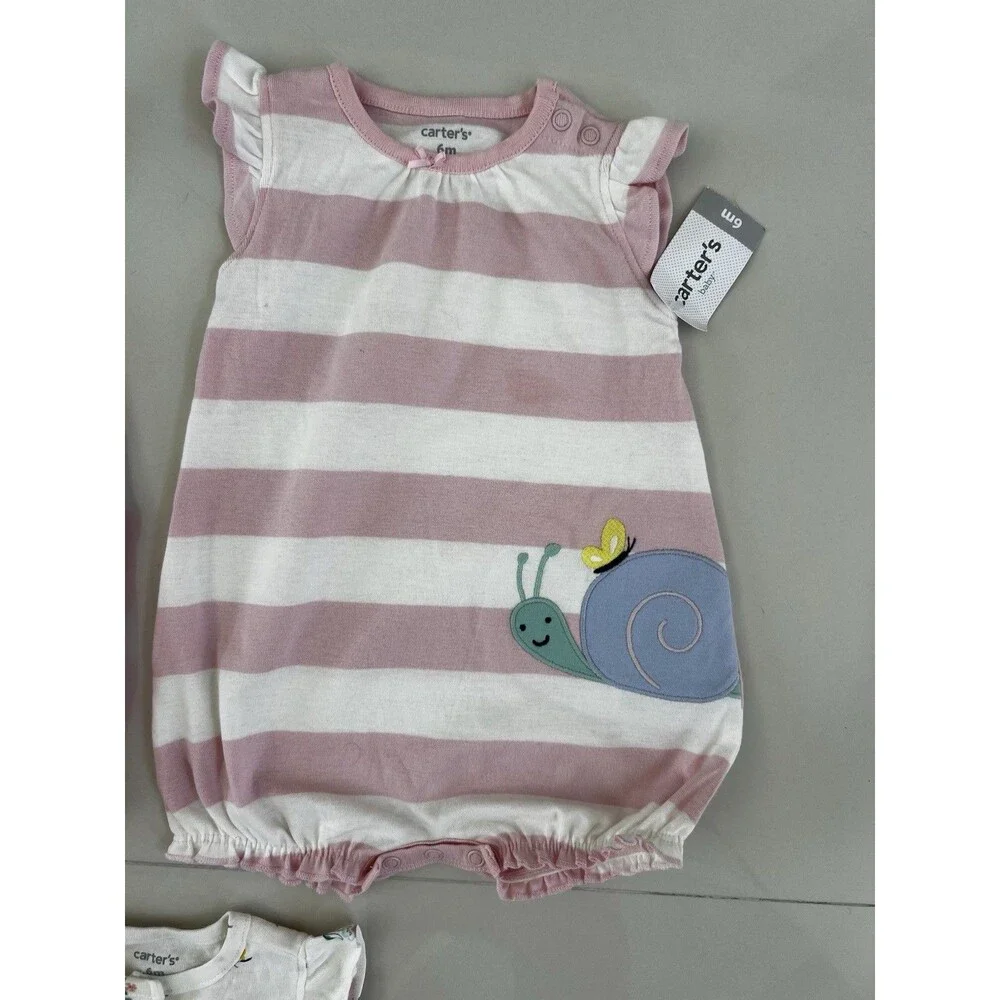 Set Lot of 3 Baby Girl Bubble Romper Outfit Summer Cotton 6m Snail Crab Flowers